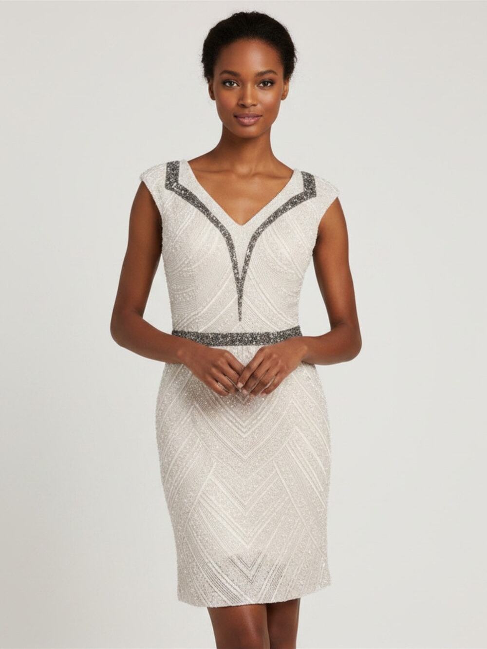Scala Hand Beaded Cocktail Dress White Silver Sequins Formal Women’s Size 4